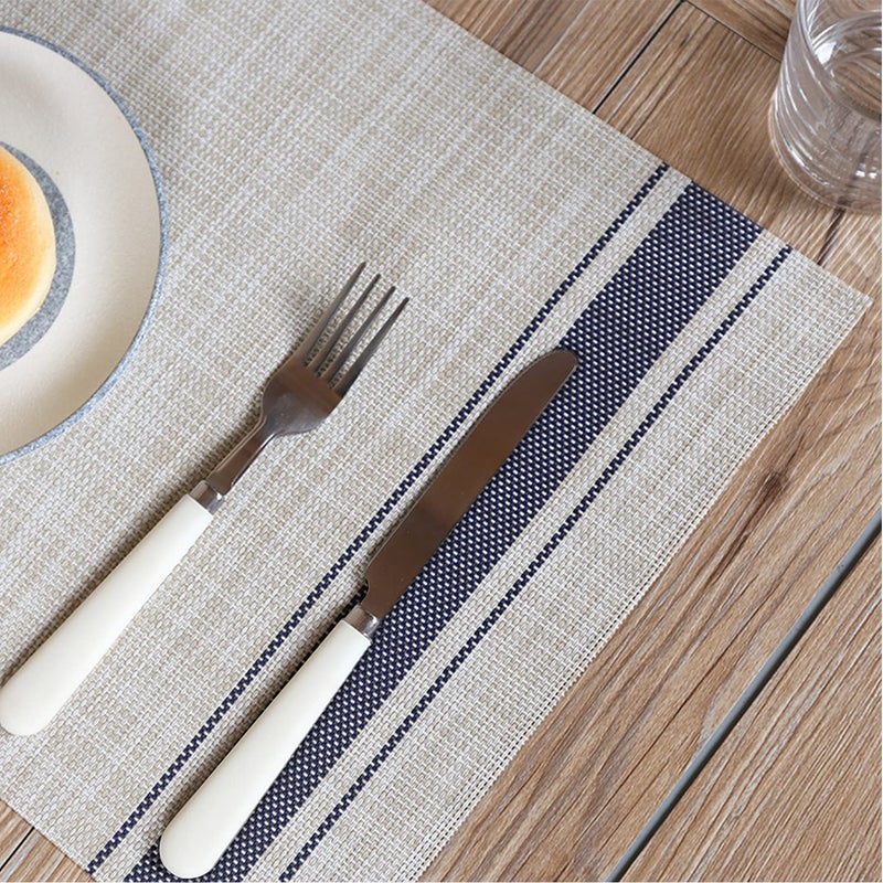 DACHUI Placemats Set of 6, Soft & Elegant Woven Vinyl Place Mats, Water Resistant, Heat Resistant, Washable, Durable Table Mats (Blue Stripes) - Image 3